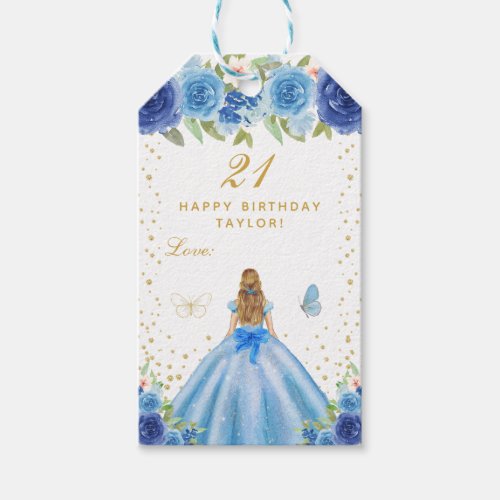 Blue Floral Blonde Hair Girl Happy Birthday Gift Tags