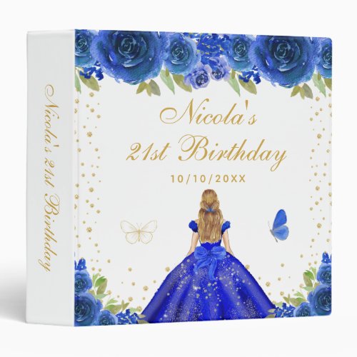 Blue Floral Blonde Hair Princess Birthday Party 3 Ring Binder