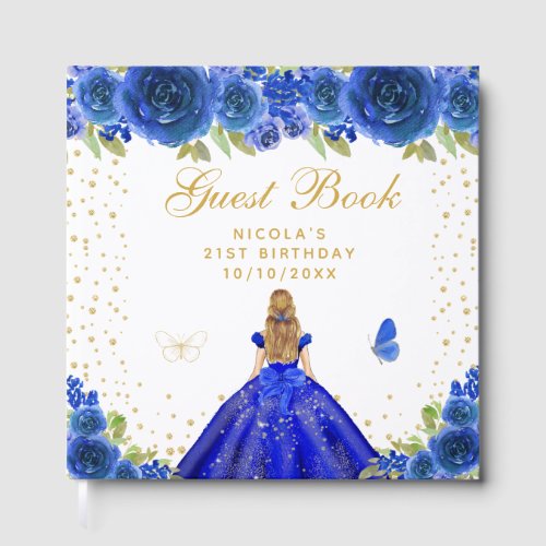 Blue Floral Blonde Hair Princess Birthday Party Guest Book