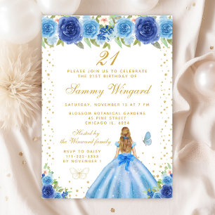Blue Floral Blonde Hair Princess Birthday Party Invitation