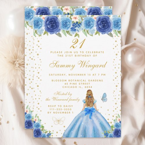 Blue Floral Blonde Hair Princess Birthday Party Invitation