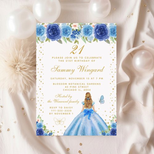 Blue Floral Blonde Hair Princess Birthday Party Invitation
