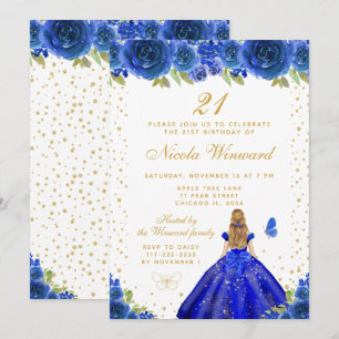 Blue Floral Blonde Hair Princess Birthday Party Invitation