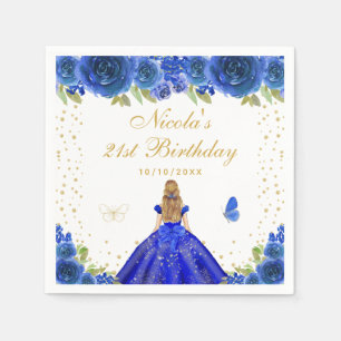 Blue Floral Blonde Hair Princess Birthday Party Napkins