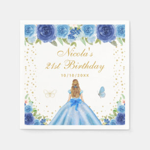 Blue Floral Blonde Hair Princess Birthday Party Napkins