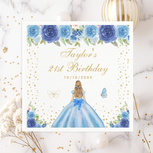 Blue Floral Blonde Hair Princess Birthday Party Napkins