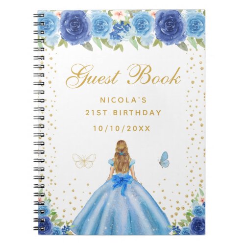 Blue Floral Blonde Hair Princess Birthday Party Notebook