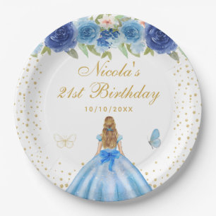 Blue Floral Blonde Hair Princess Birthday Party Paper Plates