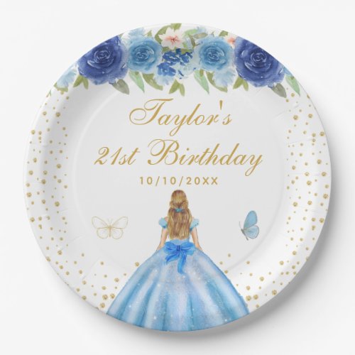 Blue Floral Blonde Hair Princess Birthday Party Paper Plates