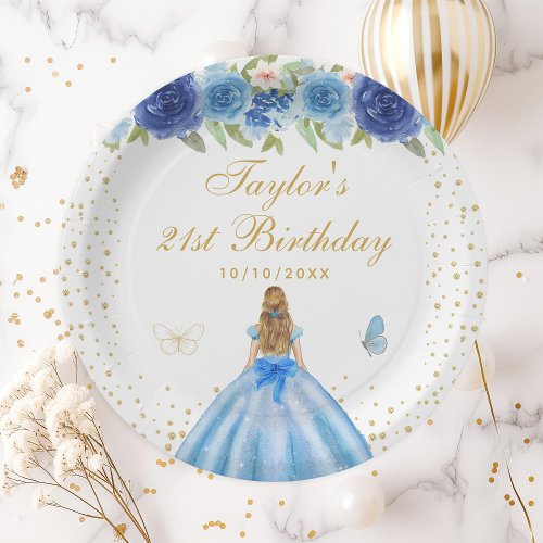 Blue Floral Blonde Hair Princess Birthday Party Paper Plates