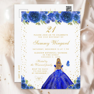 Blue Floral Blonde Hair Princess Birthday Party Postcard