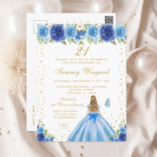 Blue Floral Blonde Hair Princess Birthday Party Postcard