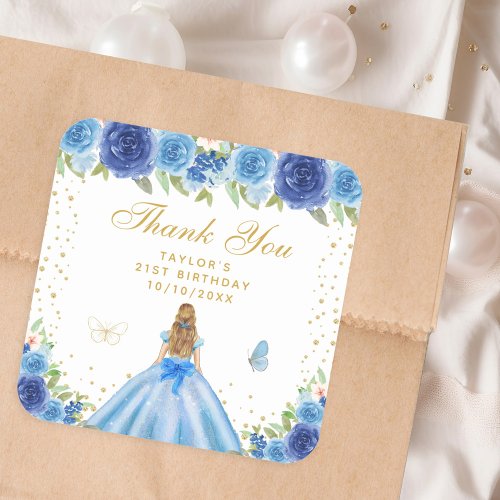 Blue Floral Blonde Hair Princess Birthday Party Square Sticker