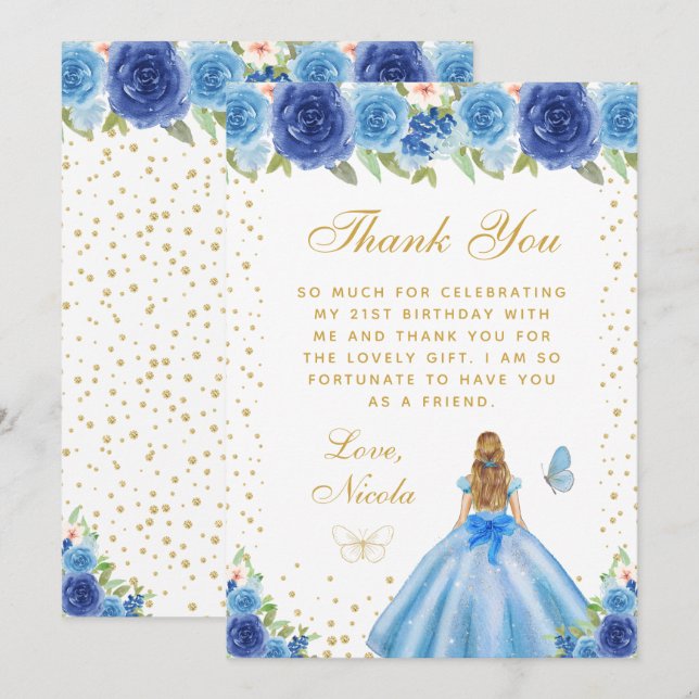 Blue Floral Blonde Hair Princess Birthday Party Thank You Card (Front/Back)