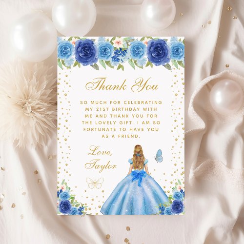 Blue Floral Blonde Hair Princess Birthday Party Thank You Card
