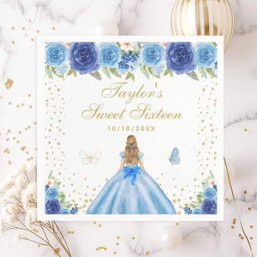 Blue Floral Blonde Hair Princess Sweet Sixteen Napkins