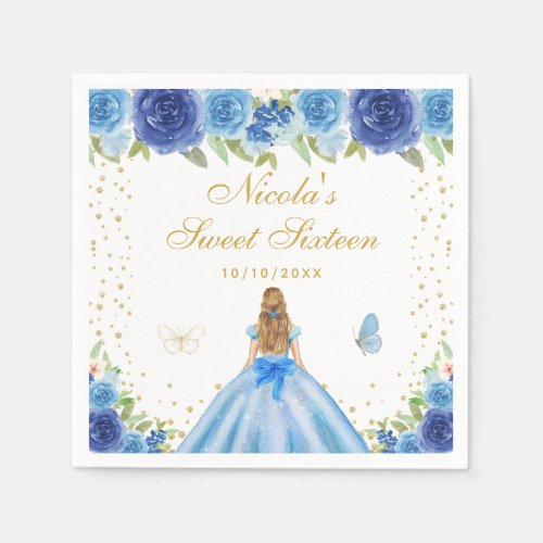 Blue Floral Blonde Hair Princess Sweet Sixteen Napkins