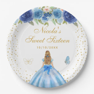 Blue Floral Blonde Hair Princess Sweet Sixteen Paper Plates