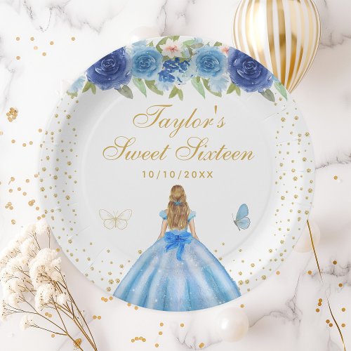 Blue Floral Blonde Hair Princess Sweet Sixteen Paper Plates