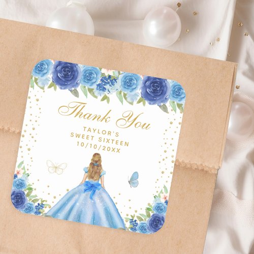 Blue Floral Blonde Hair Princess Sweet Sixteen Square Sticker