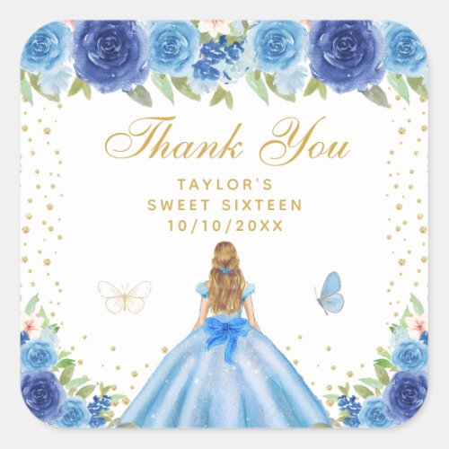 Blue Floral Blonde Hair Princess Sweet Sixteen Square Sticker
