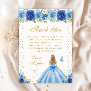 Blue Floral Blonde Hair Princess Sweet Sixteen Thank You Card
