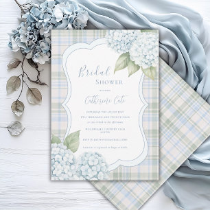 Blue Floral Blue Hydrangea Plaid Bridal Shower  Invitation
