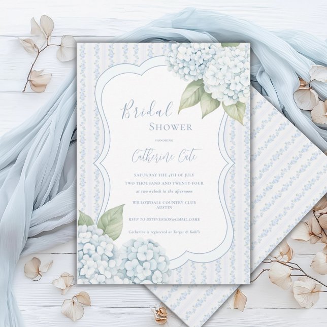 Blue Floral Blue Hydrangea Stripe Bridal Shower  Invitation (Creator Uploaded)
