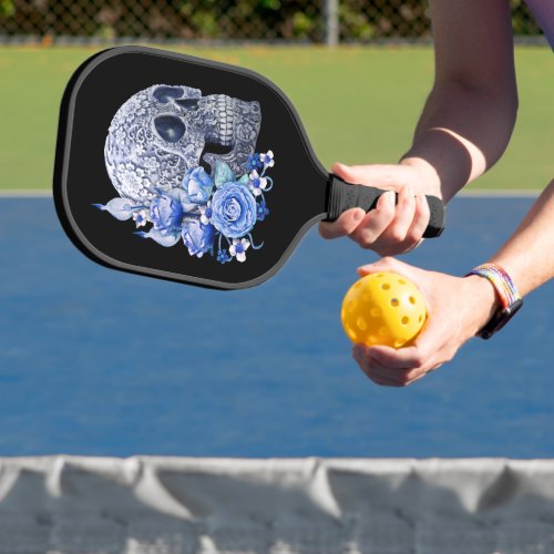 Blue Floral Blue Sugar Skull Day Of The Dead Pickleball Paddle