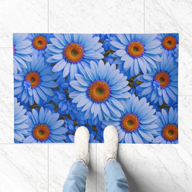 Blue floral blue sunflowers blue daisies pattern  doormat (Indoor)