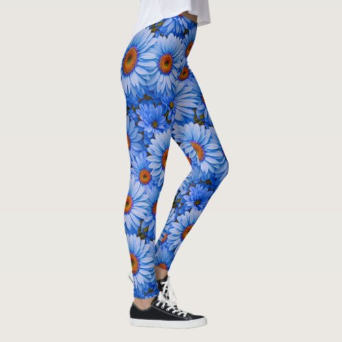 Blue floral blue sunflowers blue daisies pattern  leggings