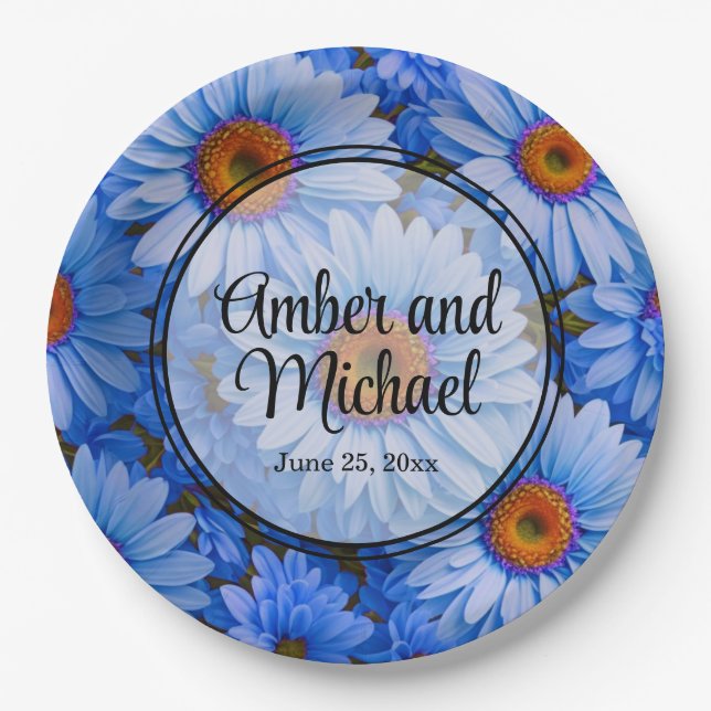 Blue floral blue sunflowers blue daisies pattern  paper plates (Front)