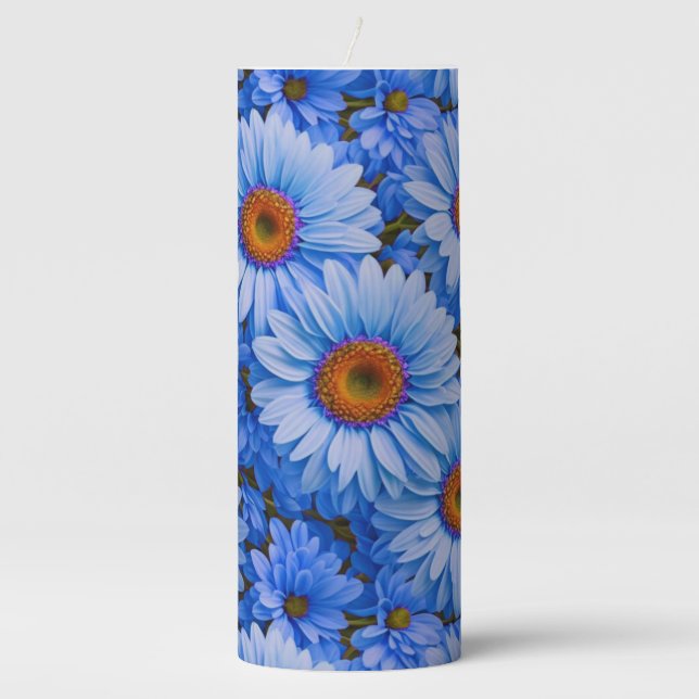 Blue floral blue sunflowers blue daisies pattern  pillar candle (Front)