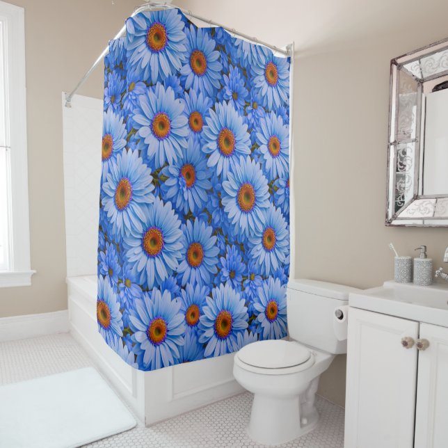 Blue floral blue sunflowers blue daisies pattern  shower curtain (In Situ)