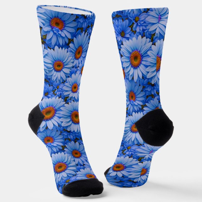 Blue floral blue sunflowers blue daisies pattern  socks (Angled)