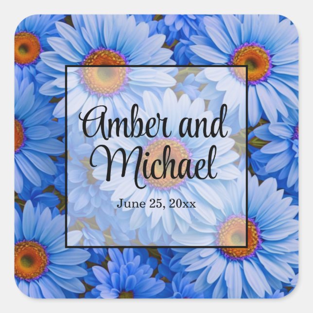 Blue floral blue sunflowers blue daisies pattern  square sticker (Front)