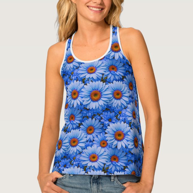Blue floral blue sunflowers blue daisies pattern  tank top (Front)