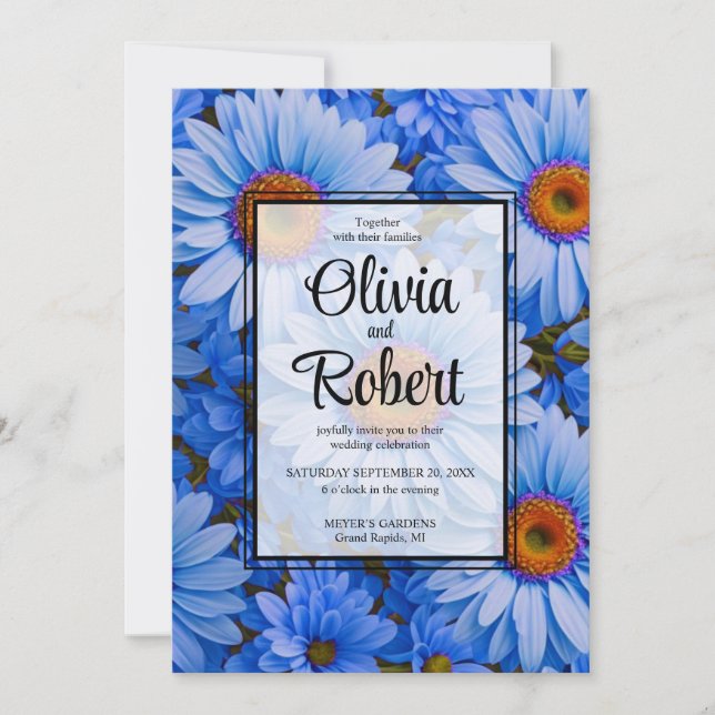 Blue floral blue sunflowers blue daisies Wedding Invitation (Front)