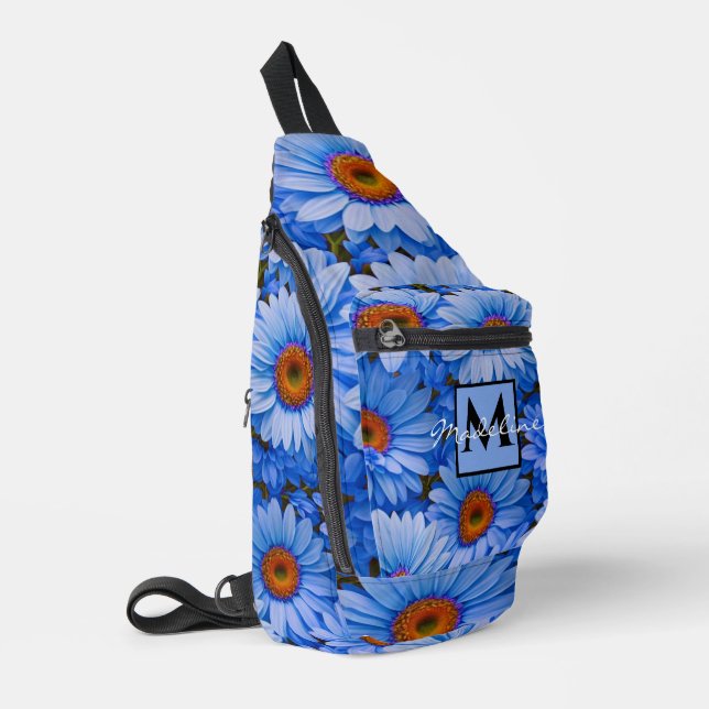 Blue floral blue sunflowers blue daisy personalize sling bag (Left Corner)