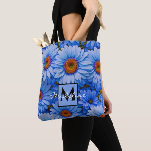Blue floral blue sunflowers blue daisy personalize tote bag