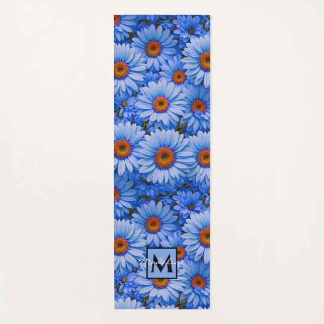 Blue floral blue sunflowers blue daisy personalize yoga mat (Front)