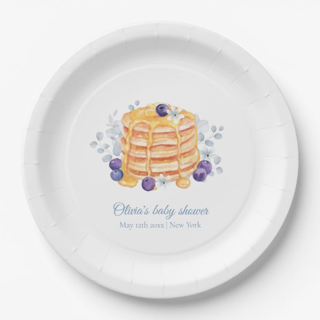 Blue Floral Blueberry Pancake Brunch Baby Shower Paper Plates (Front)