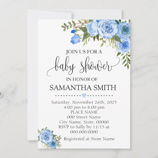 Blue floral boho chic baby shower invitation (Front)