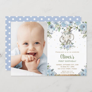 Blue Floral Boho Elephant Boy 1st Birthday Photo Invitation