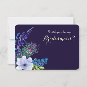 Blue Floral Boho Feather Bridesmaid Invitation
