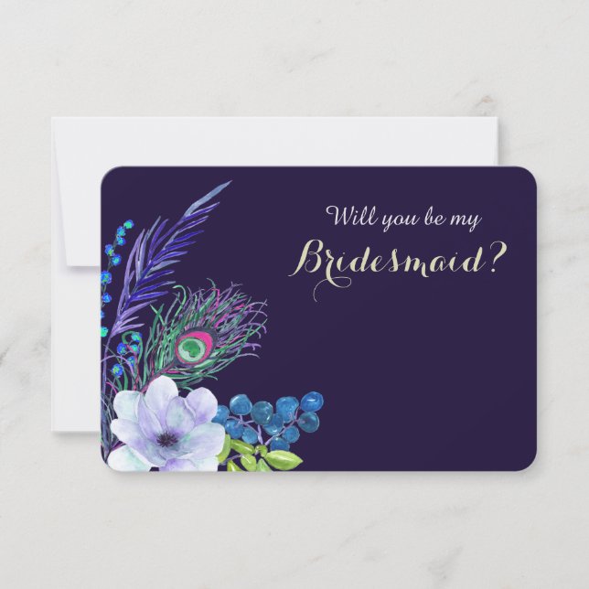 Blue Floral Boho Feather Bridesmaid Invitation (Front)