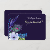 Blue Floral Boho Feather Bridesmaid Invitation (Front/Back)