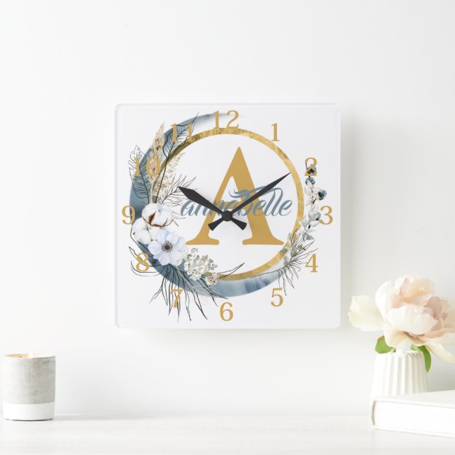 Blue Floral Boho Personalized Name and Initial  Square Wall Clock (Home)