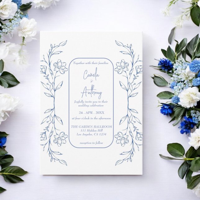 Blue Floral Boho Side Border Wedding Invitation (Creator Uploaded)