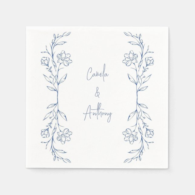Blue Floral Boho Side Border Wedding Napkins (Front)